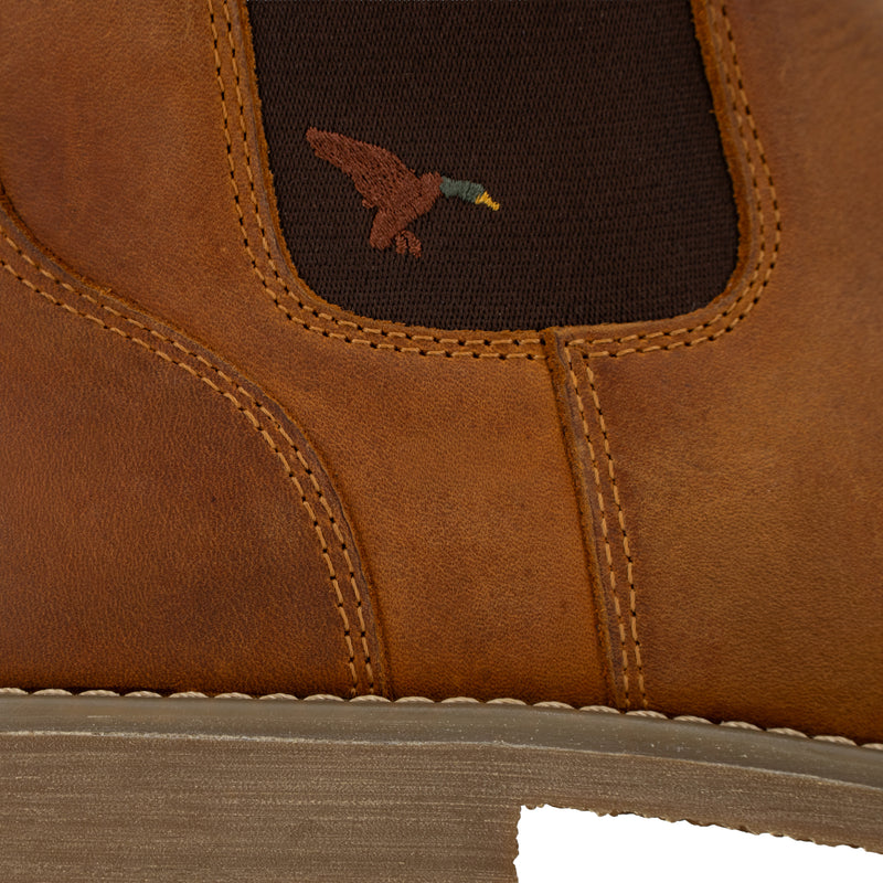 Close-up of Dive Bomb Tobacco Brown Heritage Boot with an embroidered mallard.