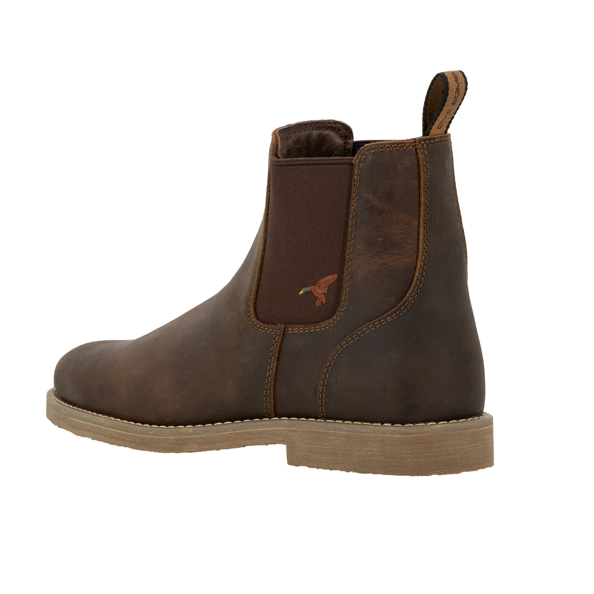 Dive Bomb Dark Walnut Heritage Boot, a Chelsea style boot. Heel view with an embroidered mallard logo.