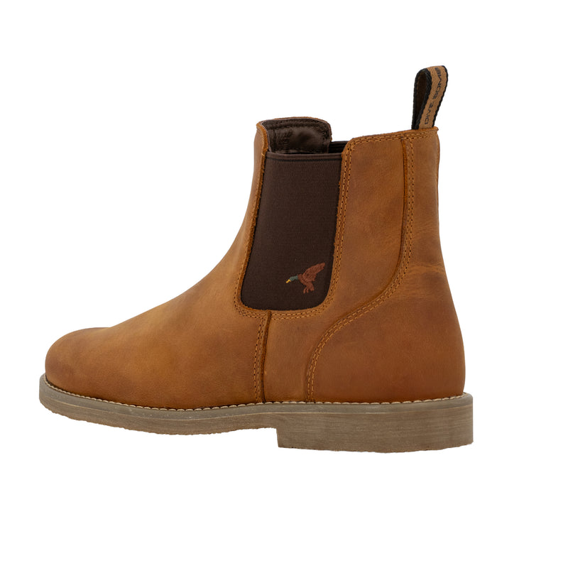 Dive Bomb Tobacco Brown Heritage Boot, a Chelsea style boot. Heel view with an embroidered mallard logo.