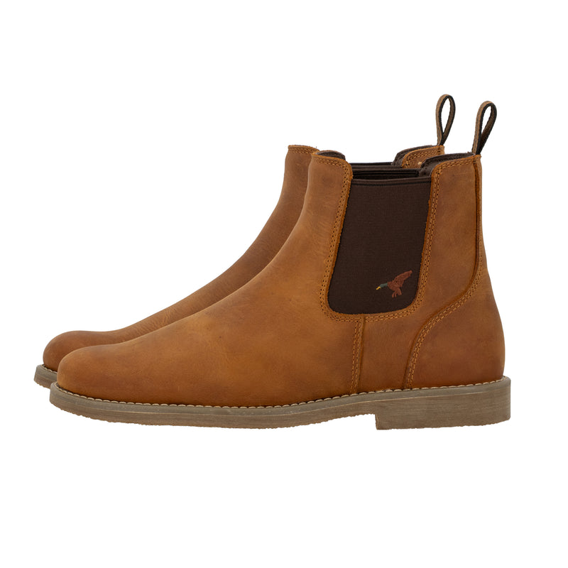Dive Bomb Tobacco Heritage Boot, a Chelsea style boot. Side view with an embroidered mallard logo.  Boot has a full-grain cowhide upper.
