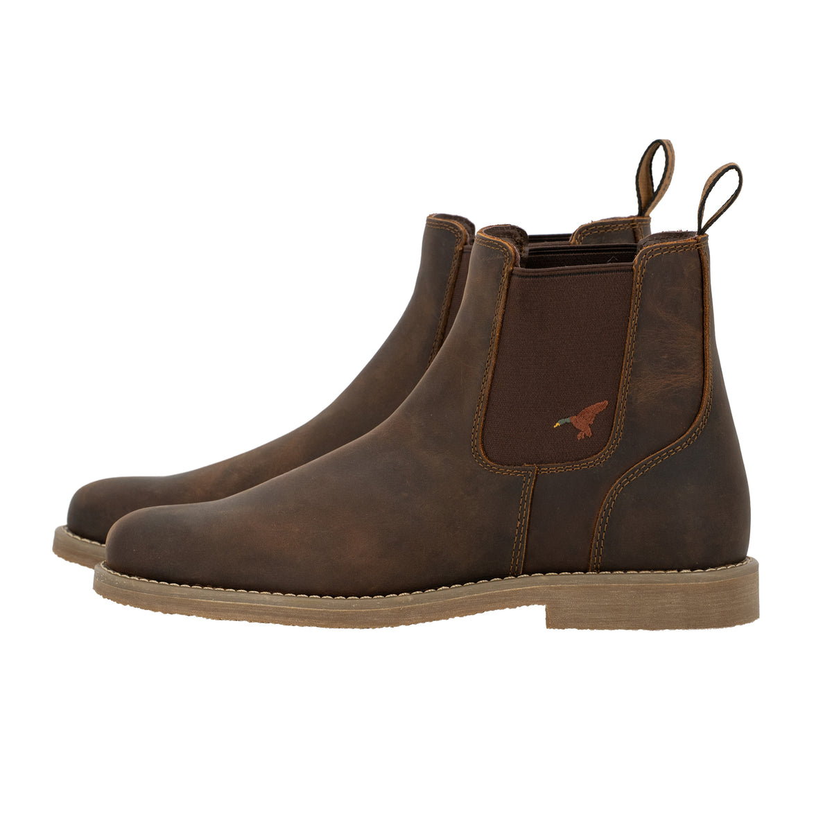 Dive Bomb Dark Walnut Heritage Boot, a Chelsea style boot. Side view with an embroidered mallard logo.  Boot has a full-grain cowhide upper.