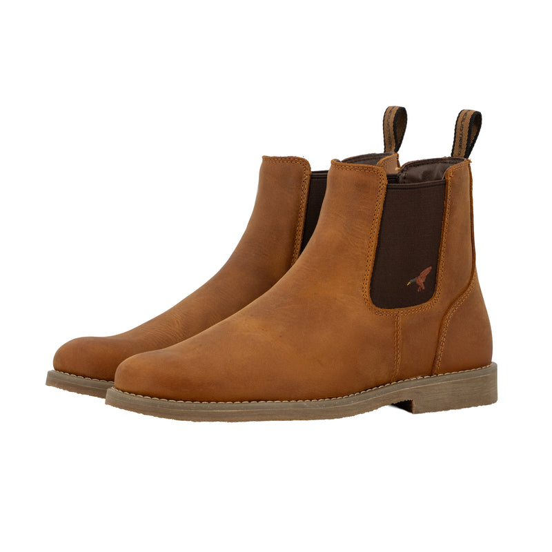 Dive Bomb Tobacco Brown Heritage Boot, a Chelsea style boot. Boot has a full-grain cowhide upper.