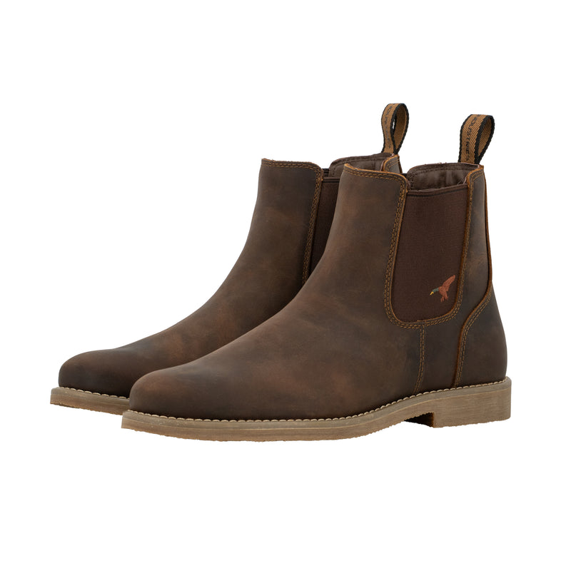 Dive Bomb Dark Walnut Heritage Boot, a Chelsea style boot. Boot has a full-grain cowhide upper.