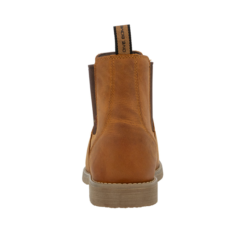 Dive Bomb Tobacco Brown Heritage Boot, a Chelsea style boot. Back view of the boot with the pull tab.