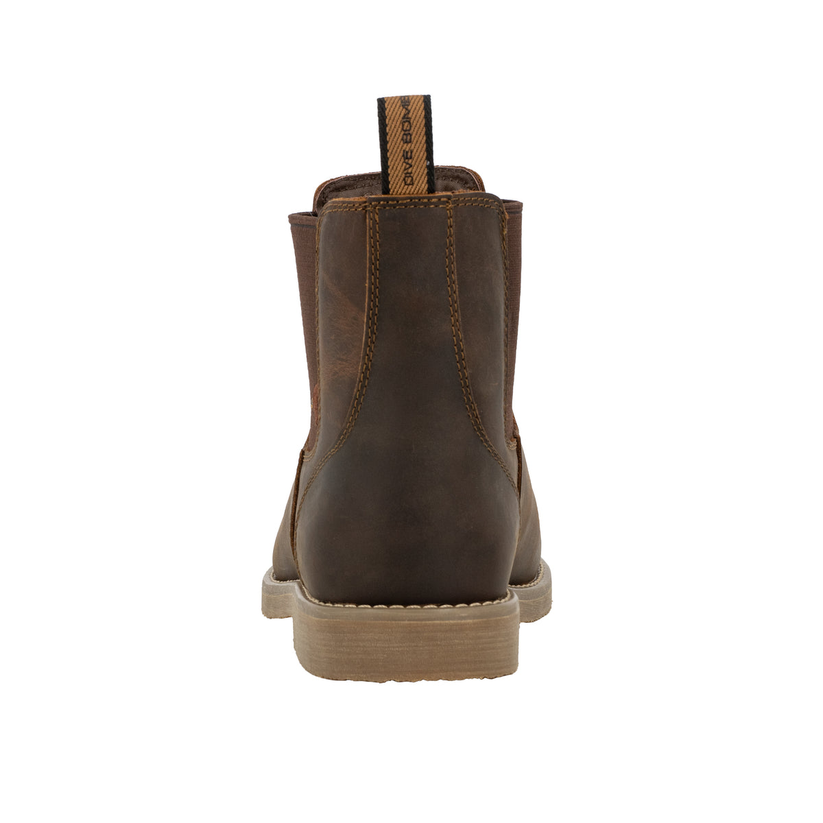Dive Bomb Dark Walnut Heritage Boot, a Chelsea style boot. Back view of the boot with the pull tab.