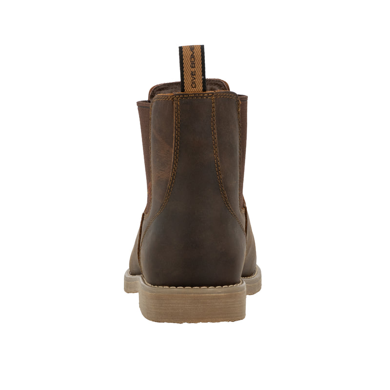 Dive Bomb Dark Walnut Heritage Boot, a Chelsea style boot. Back view of the boot with the pull tab.