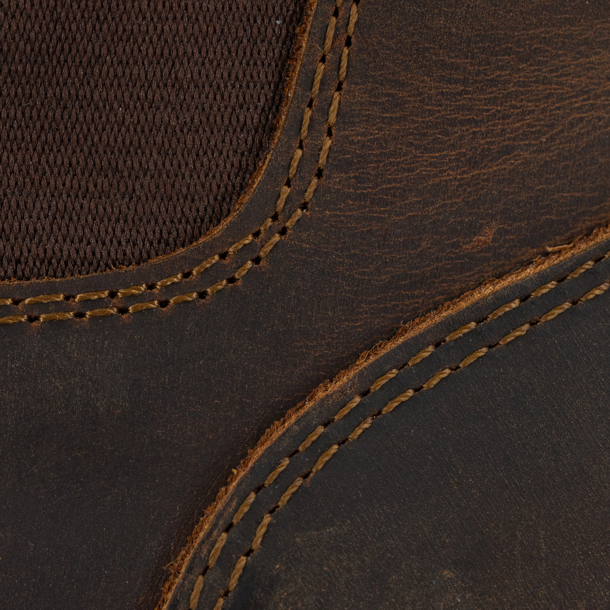Close-up of Dive Bomb Dark Walnut Heritage Boot with visible stitching