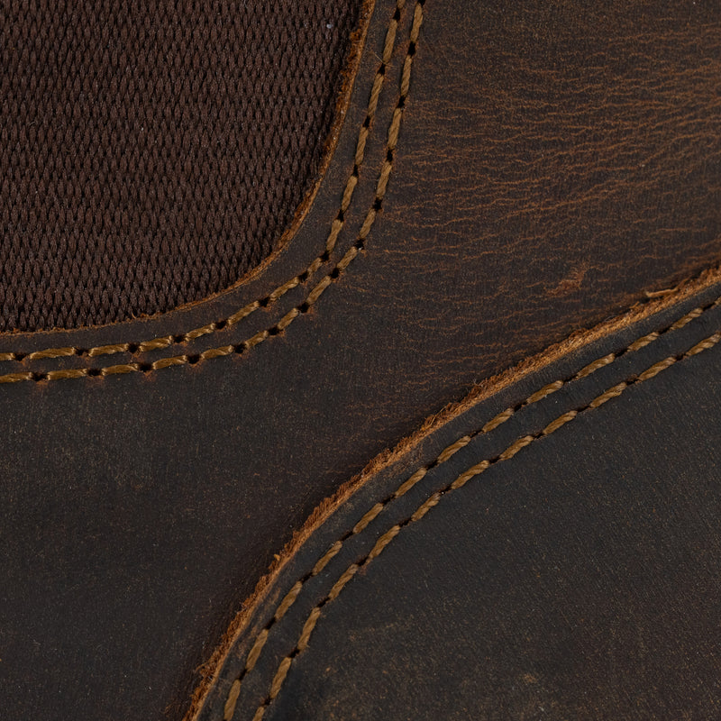 Close-up of Dive Bomb Dark Walnut Heritage Boot with visible stitching