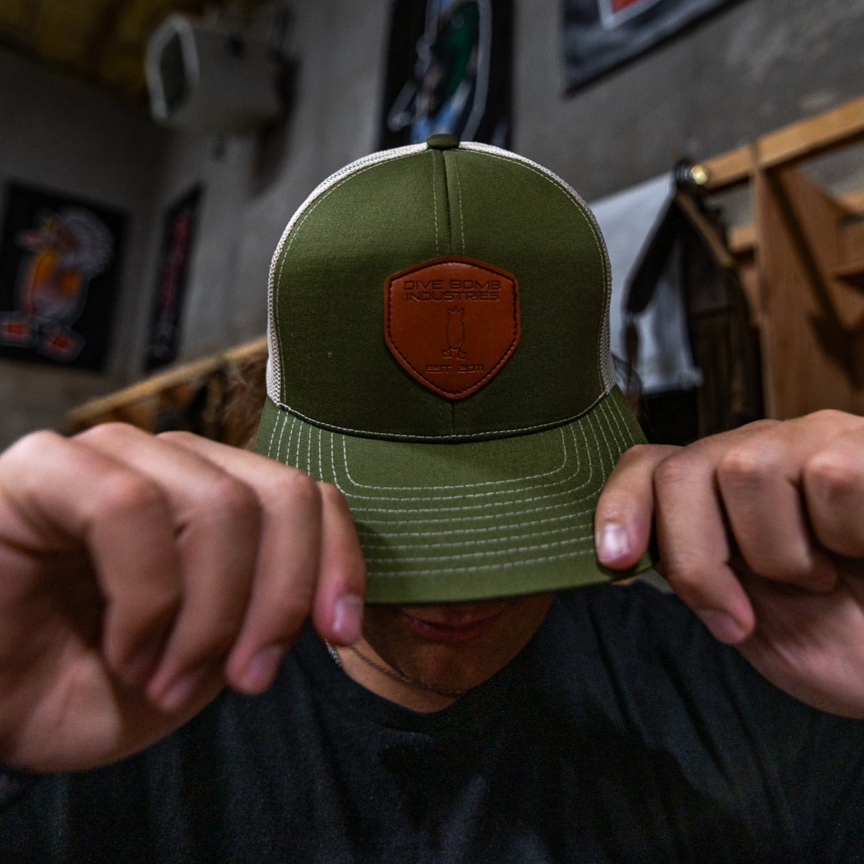 Dark Leather Shield Snapback Hat