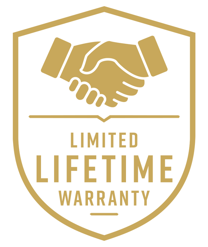 A gold and white shield-shaped graphic featuring a handshake icon above the words 'LIMITED LIFETIME WARRANTY'.