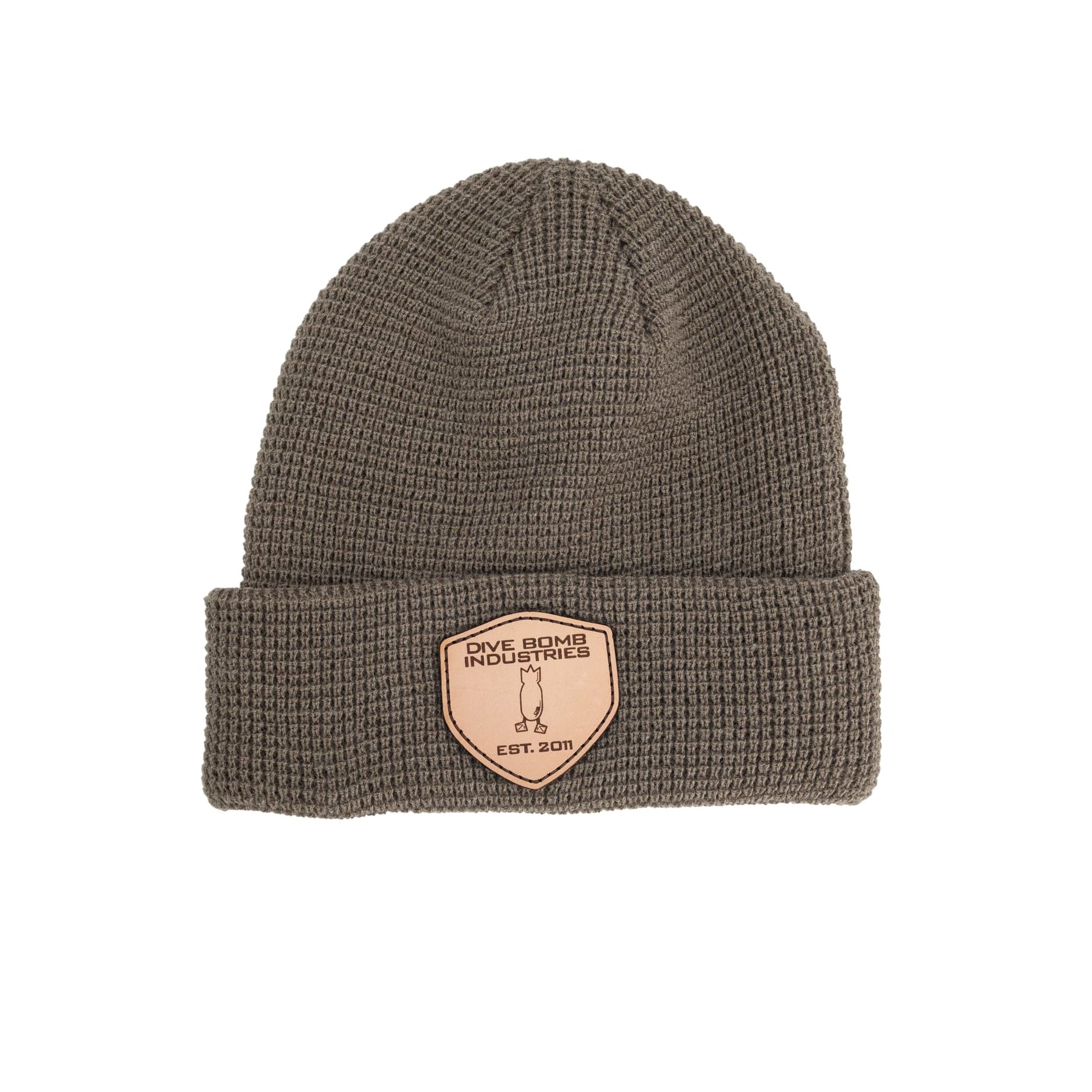 Leather Patch Waffle Knit Beanie Walnut